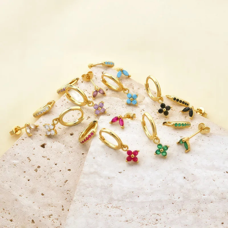 Pendiente trébol de cuatro hojas dorado púrpura