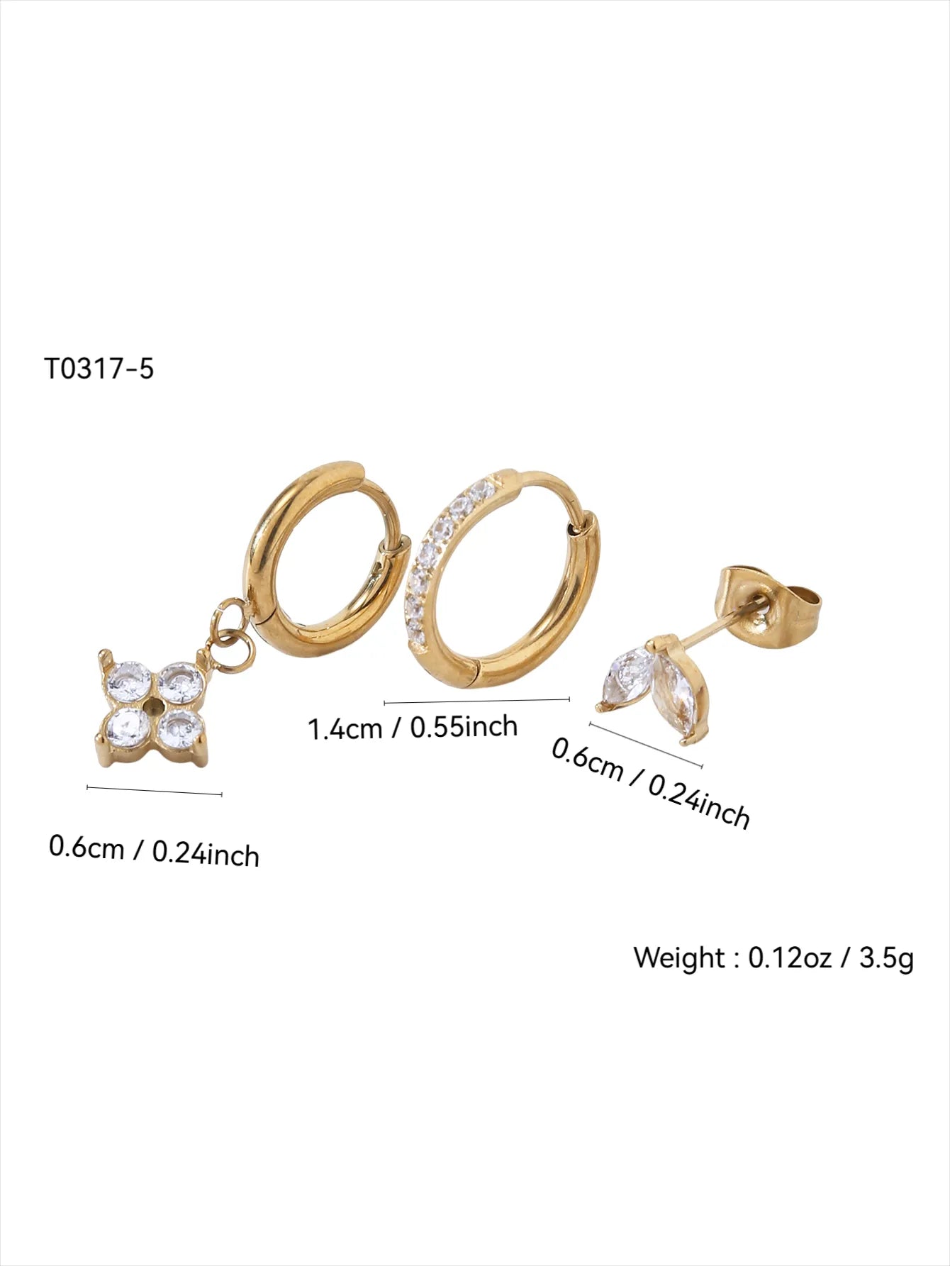 Pendiente trébol de cuatro hojas blanco dorado